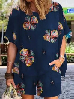 Flower Print Pocket Dolman Sleeve Two Pieces Suit