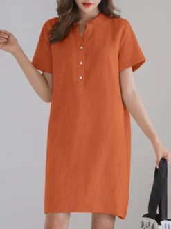 Solid Short Sleeve Button Front Half Placket Dress -Zanzea Shop 62f0a0ad 790d 4189 bcb2 d8c186343095