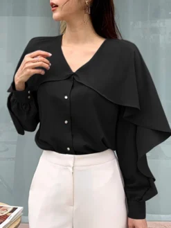 Ruffle Solid Long Sleeve V-neck Button Front Blouse -Zanzea Shop 62f7ec06 3fd8 4a81 80c4 a74daecfe374