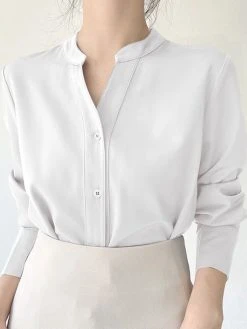 Solid Satin Long Sleeve Button Stand Collar Blouse -Zanzea Shop 633bc78f 1bf9 472a 9995 108d1cbcc271