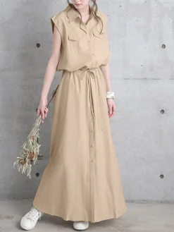 Solid Drawstring Waist Pocket Button Front Maxi Cargo Dress