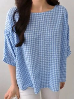 Check Print Crew Neck 3/4 Sleeve Casual Loose Blouse 11 Check Print Crew Neck 3/4 Sleeve Casual Loose Blouse -Zanzea Shop 639cd0a8 b16e 4e7b a276 f14e130200fa