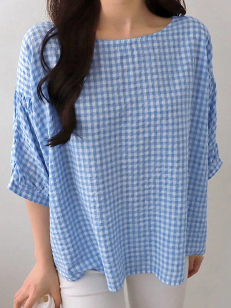 Check Print Crew Neck 3/4 Sleeve Casual Loose Blouse 3 Check Print Crew Neck 3/4 Sleeve Casual Loose Blouse - Image 3