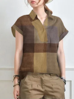 Plaid Short Sleeve Lapel Collar Blouse