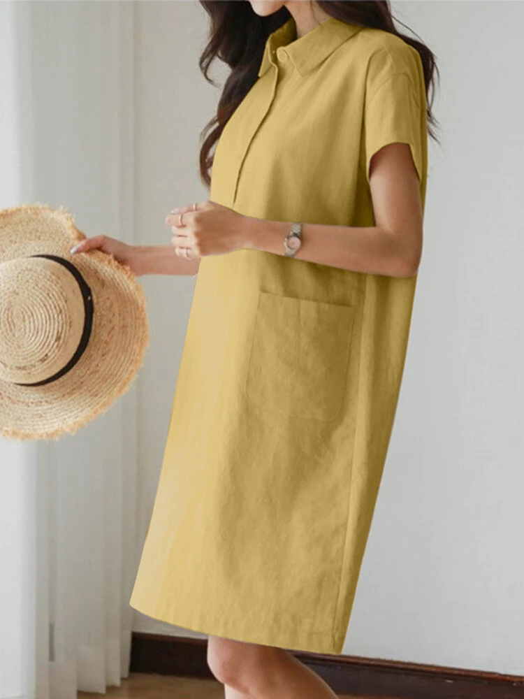 Solid Button Short Sleeve Lapel Cotton Pocket Dress 2 Solid Button Short Sleeve Lapel Cotton Pocket Dress - Image 2