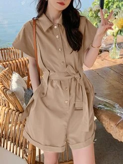 Solid Belt Button Front Pocket Short Sleeve Lapel Cargo Romper -Zanzea Shop 641089e3 eeb4 406e a83f b69698ad7c59