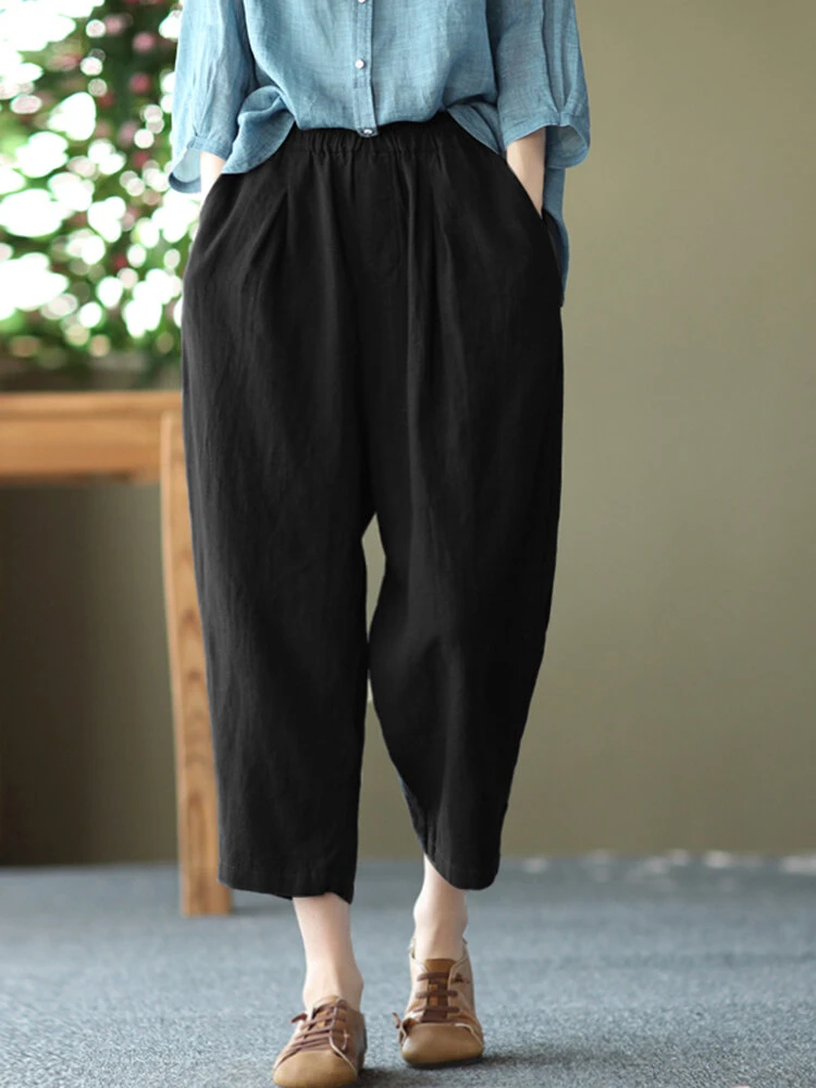Women Solid Pocket Elastic Waist Casual Harem Pants 5 Women Solid Pocket Elastic Waist Casual Harem Pants - Image 5