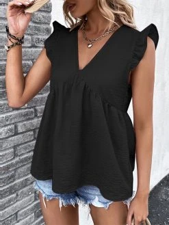 Women Solid V-Neck Ruffle Sleeveless Casual Tank Top -Zanzea Shop 643479df a9ca 46b9 9447 df75fc6d3dd4