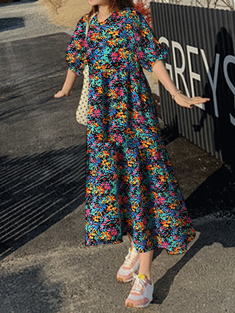 Cottagecore Calico Pocket Puff Sleeve Casual Maxi Dress 2 Cottagecore Calico Pocket Puff Sleeve Casual Maxi Dress - Image 2