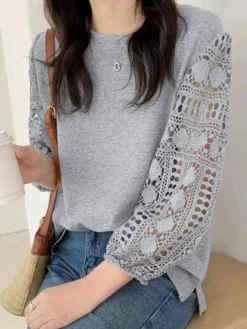 Lace Hollow Panel Lantern Sleeve Crew Neck Blouse -Zanzea Shop 646f8a13 c346 404a 8a24 302d950df81c