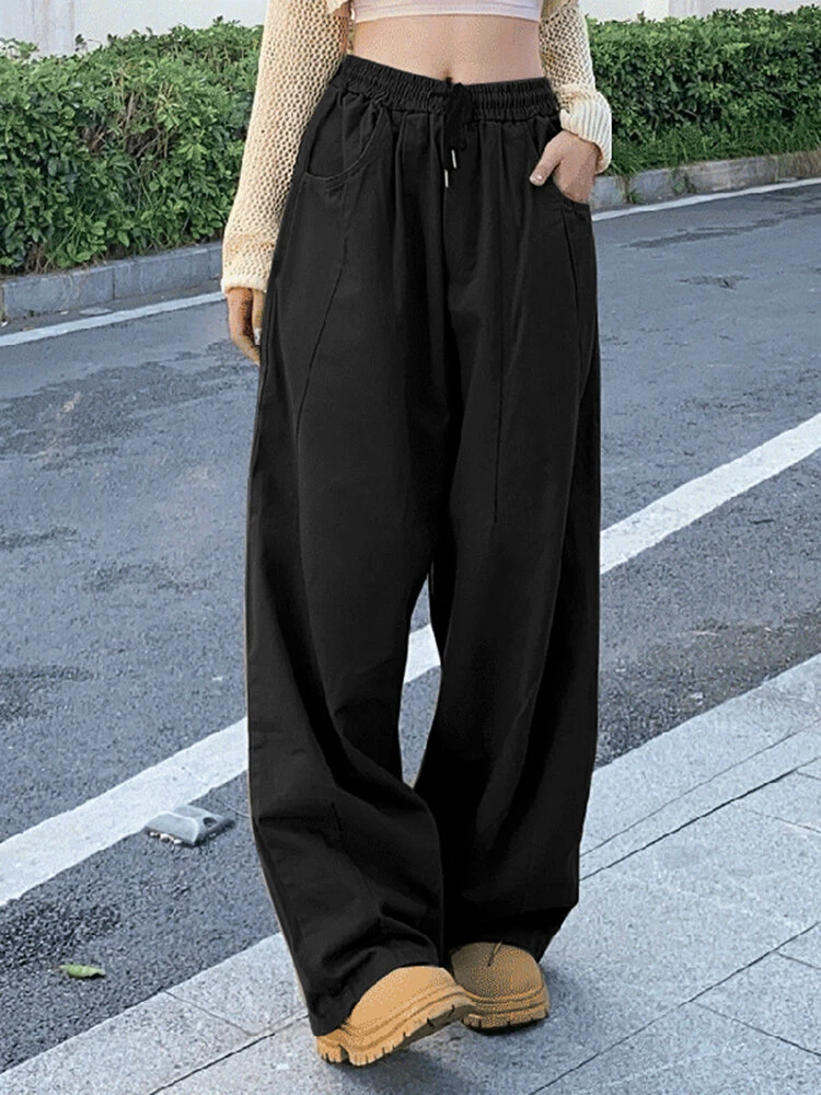 Women Solid Seam Detail Drawstring Waist Wide Leg Pants 6 Women Solid Seam Detail Drawstring Waist Wide Leg Pants - Image 6