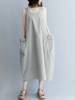 Women Solid Side Pocket Crew Neck Casual Sleeveless Dress -Zanzea Shop 64f75593 62d7 4261 8369 6b408300d5e8