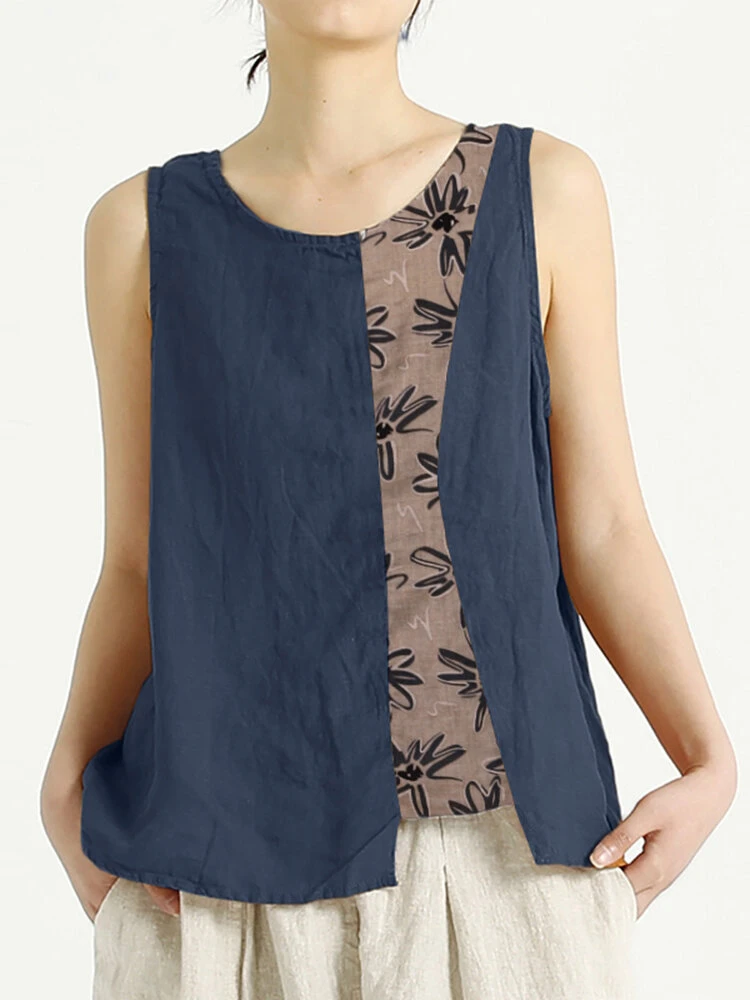 Women Floral Print Patchwork Crew Neck Cotton Sleeveless Tank Top 7 Women Floral Print Patchwork Crew Neck Cotton Sleeveless Tank Top - Image 7