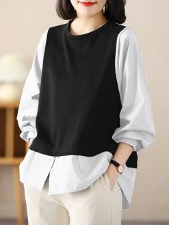 Women Contrast Long Sleeve Crew Neck Casual Blouse -Zanzea Shop 65356642 c805 426e 94c9 3f74d5fbcb45