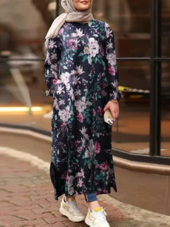 Flowers Print Split Hem Plus Size Casual Dress With Pockets -Zanzea Shop 65cb463c ab9f 489a a01a 7e45140eb112