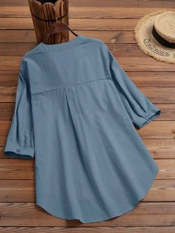 Solid Button Pocket High-Low Hem Casual Cotton Blouse -Zanzea Shop 65dd6710 1e4c 46fa 9152 d69f7d4f8132