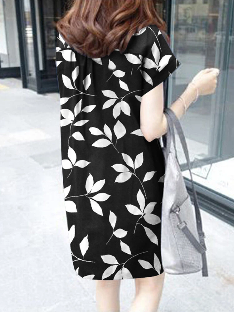 Leaves Print Button Pocket Short Sleeve Dress With Belt 5 Leaves Print Button Pocket Short Sleeve Dress With Belt - Image 5