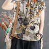 Leaves Flower Print Pocket Plus Size High-low Vintage Blouse