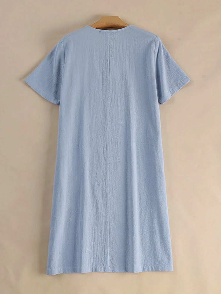 Women Floral Embroidered V-Neck Cotton Short Sleeve Dress 2 Women Floral Embroidered V-Neck Cotton Short Sleeve Dress - Image 2