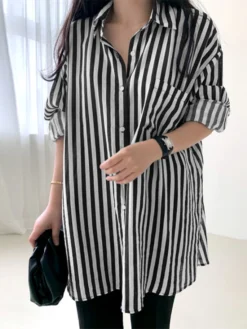 Stripe Pattern Loose Lapel Button Long Sleeve Shirt -Zanzea Shop 666d9d54 eade 4086 b20c 052c1a2d998d