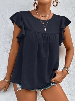 Women Solid Texture Crew Neck Ruffle Sleeveless Blouse -Zanzea Shop 6673b7a0 6692 4f2f b9bc ffcea257cea7