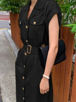 Solid Pocket Lapel Short Sleeve Button Front Dress With Belt -Zanzea Shop 668832df 641c 4478 8c1f cf8be32f5a06
