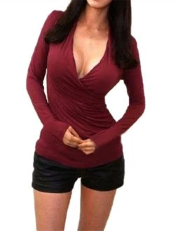 Women Stretchy Long Sleeve Deep V Neck Front Cross Pure Color T-shirt