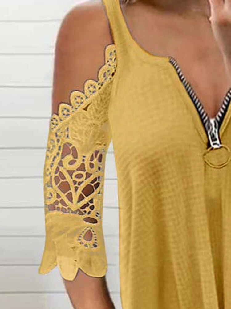 Women Cotton Zip Design Cold Shoulder Lace Sleeve T-Shirt 2 Women Cotton Zip Design Cold Shoulder Lace Sleeve T-Shirt - Image 2