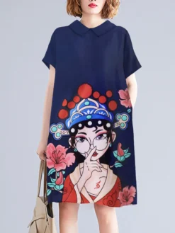Peking Opera Pattern Pocket Short Sleeve Midi Dress -Zanzea Shop 6768067b f6fe 4713 8317 42a8c3dd9845
