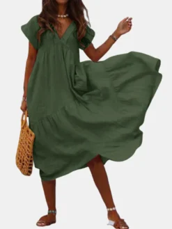 V-neck Short Sleeve Loose Solid Color Plus Size Dress