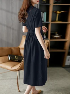 Solid Drawstring Waist Pocket Short Sleeve Vintage Dress -Zanzea Shop 678e4e79 310b 4035 a16c 01c7ae5d993e