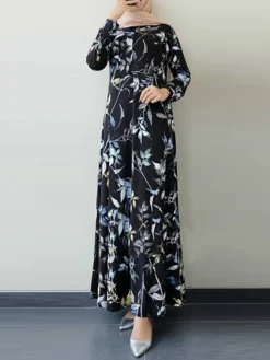 Leaves Print O-neck Long Sleeve Casual Muslim Dress For Women -Zanzea Shop 678fa225 e4cf 4200 bd22 7b664b18468e