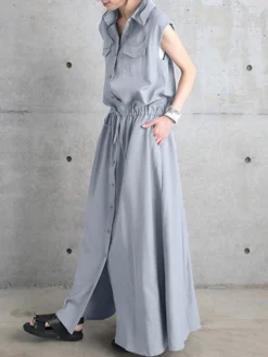 Solid Drawstring Waist Pocket Button Front Maxi Cargo Dress -Zanzea Shop 67a75f98 e6e5 42db 8748 be8a022c8461