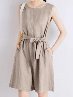 Cotton Solid Sash Pocket Sleeveless Round Neck Zip Casual Romper