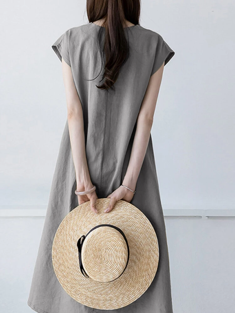 Solid High-low V-neck Short Sleeve Casual Dress 5 Solid High-low V-neck Short Sleeve Casual Dress - Image 5