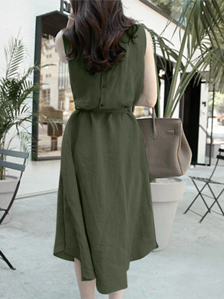 Solid Sleeveless Button Back Midi Dress With Belt 11 Solid Sleeveless Button Back Midi Dress With Belt - Image 11