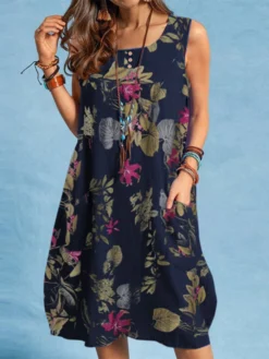 Plant Print Button Pocket Sleeveless Casual Cotton Dress