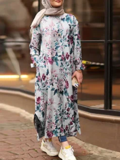 Flowers Print Split Hem Plus Size Casual Dress With Pockets