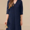 Solid Dual Pocket Slit Hem V-neck 3/4 Sleeve Vintage Dress