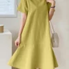 Solid Ruffle Short Sleeve Round Neck Casual Cotton Midi Dress