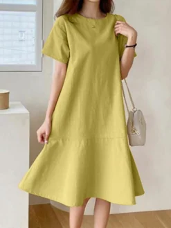 Solid Ruffle Short Sleeve Round Neck Casual Cotton Midi Dress