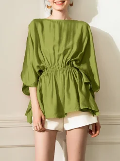 Elastic Waist Solid 3/4 Sleeve Crew Neck Loose Blouse