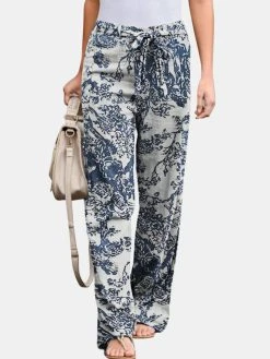 Vintage Printed Elastic Waist Straight-Legged Pants For Women