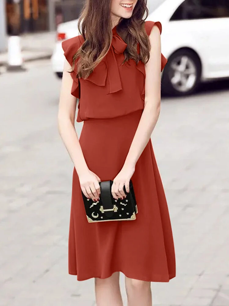 Solid Ruffle Sleeve Tie Neck Invisible Zip Back Dress 4 Solid Ruffle Sleeve Tie Neck Invisible Zip Back Dress - Image 4