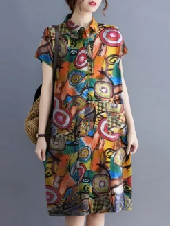 Abstract Painted Button Lapel Short Sleeve Print Midi Dress -Zanzea Shop 69970b6f 996f 4bab 813b 53ae6207e346