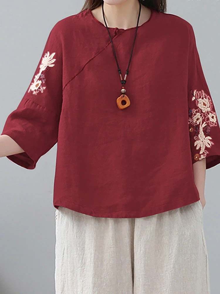 Flower Embroidery Frog Button Crew Neck 3/4 Sleeve Blouse 5 Flower Embroidery Frog Button Crew Neck 3/4 Sleeve Blouse - Image 5