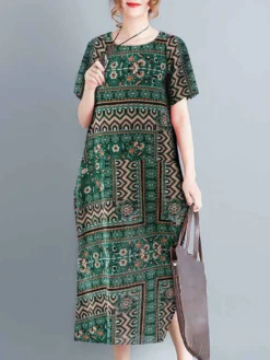 Vintage Allover Tribal Pattern Slit Hem Short Sleeve Dress -Zanzea Shop 69c79a4e 7c18 46d9 afa3 cf2b0a35d9ff