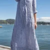 Women Striped Lapel Half Button Casual Shirt Dress