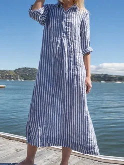 Women Striped Lapel Half Button Casual Shirt Dress