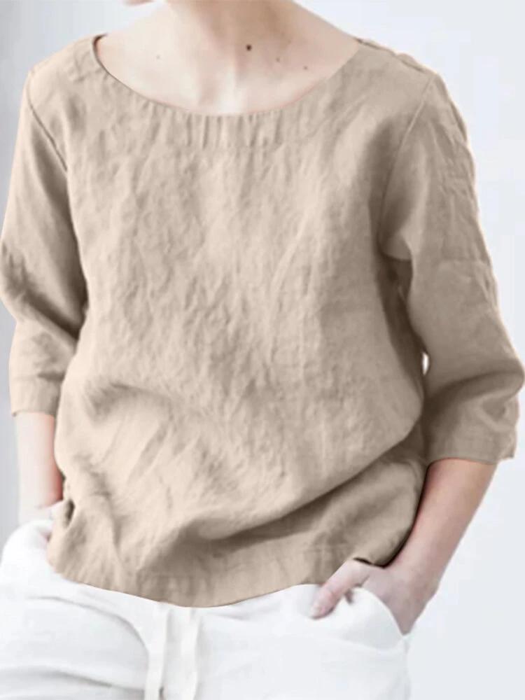 Women Solid Crew Neck 3/4 Sleeve Casual Blouse 2 Women Solid Crew Neck 3/4 Sleeve Casual Blouse - Image 2